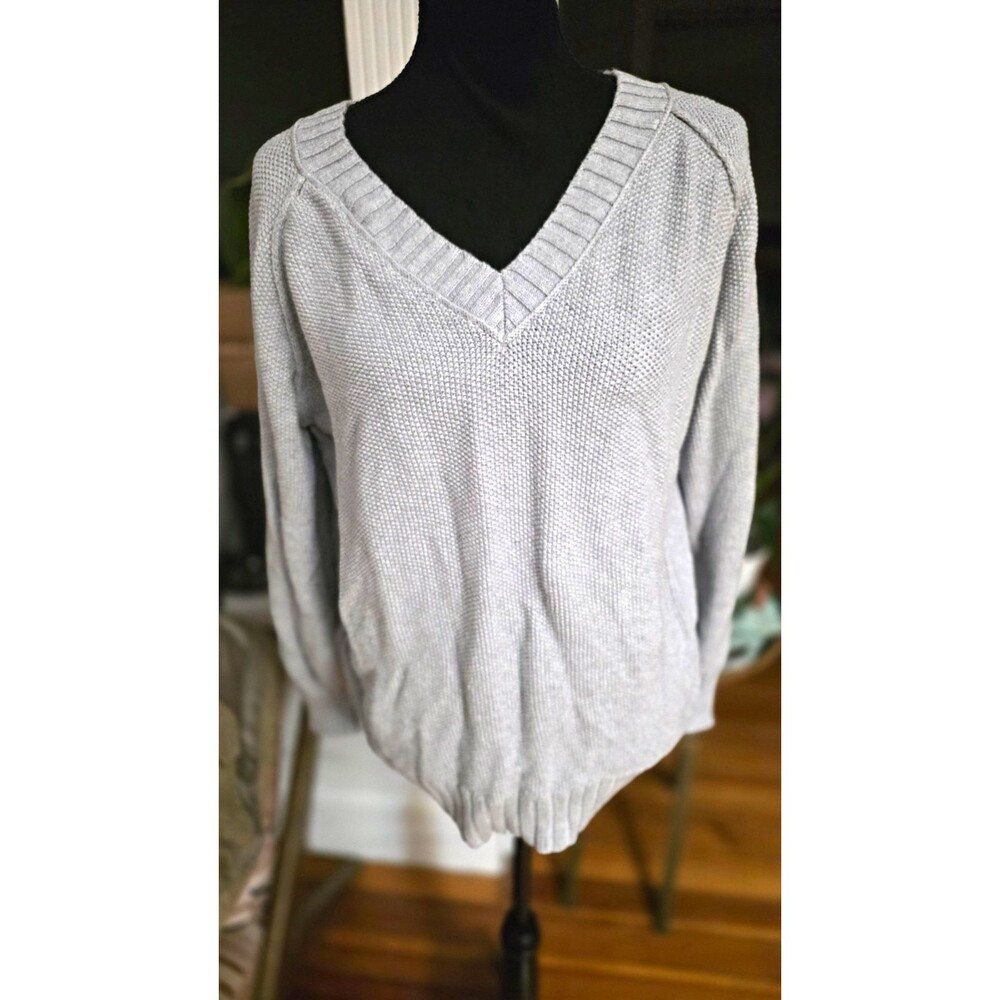 Aerie Women’s Gray Solid Knit V-Neck Long Sleeve Pullover Sweater L